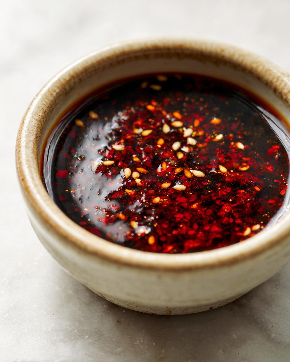 Close-up of a small bowl filled with a rich, dark red dumpling sauce with sesame seeds and chili flakes.