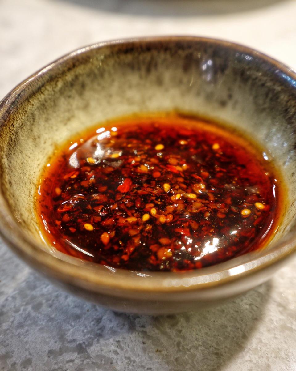 Close-up of a small bowl filled with a rich, dark red dumpling sauce, featuring chili flakes and sesame seeds.