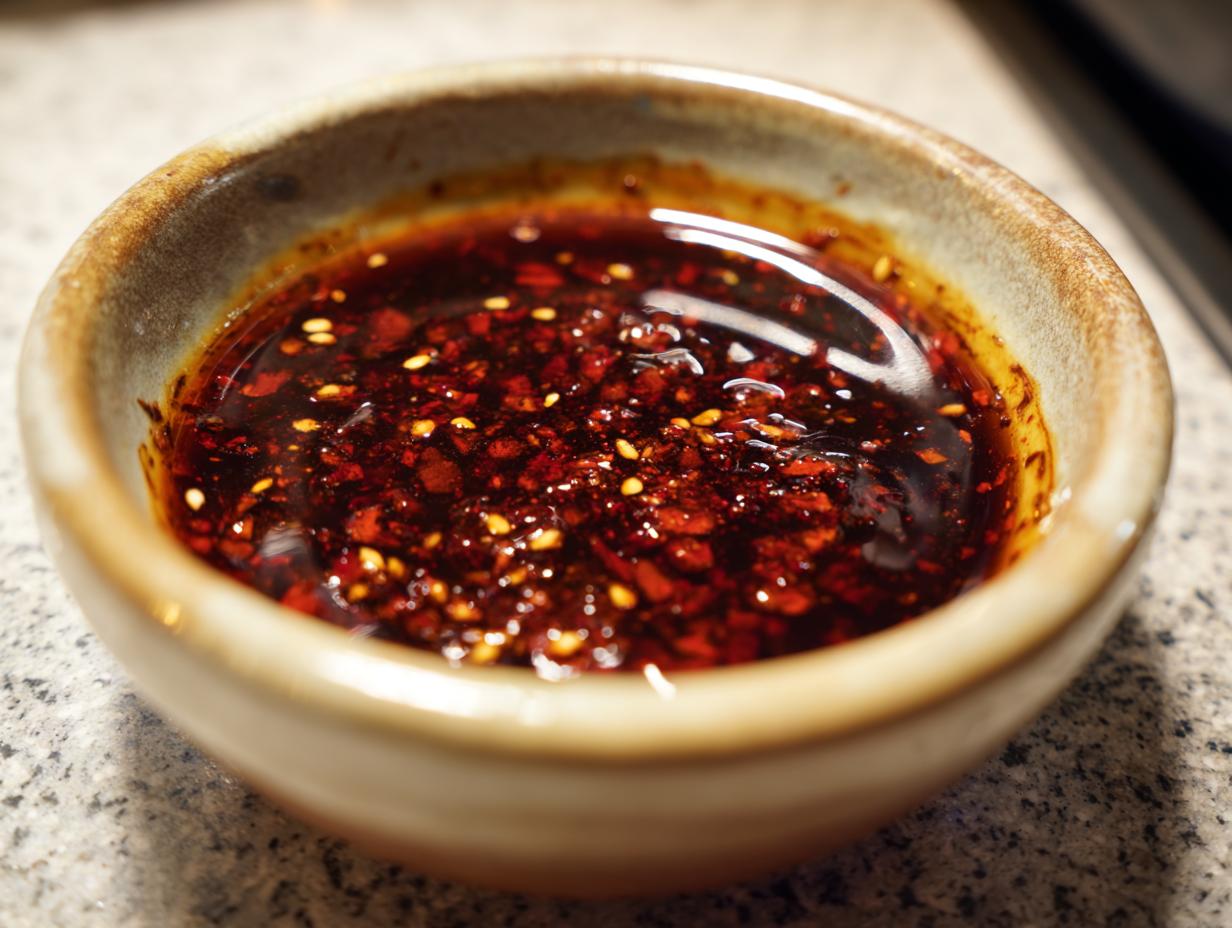 A close-up shot of a small bowl filled with a rich, dark red dumpling sauce, speckled with chili flakes and sesame seeds.