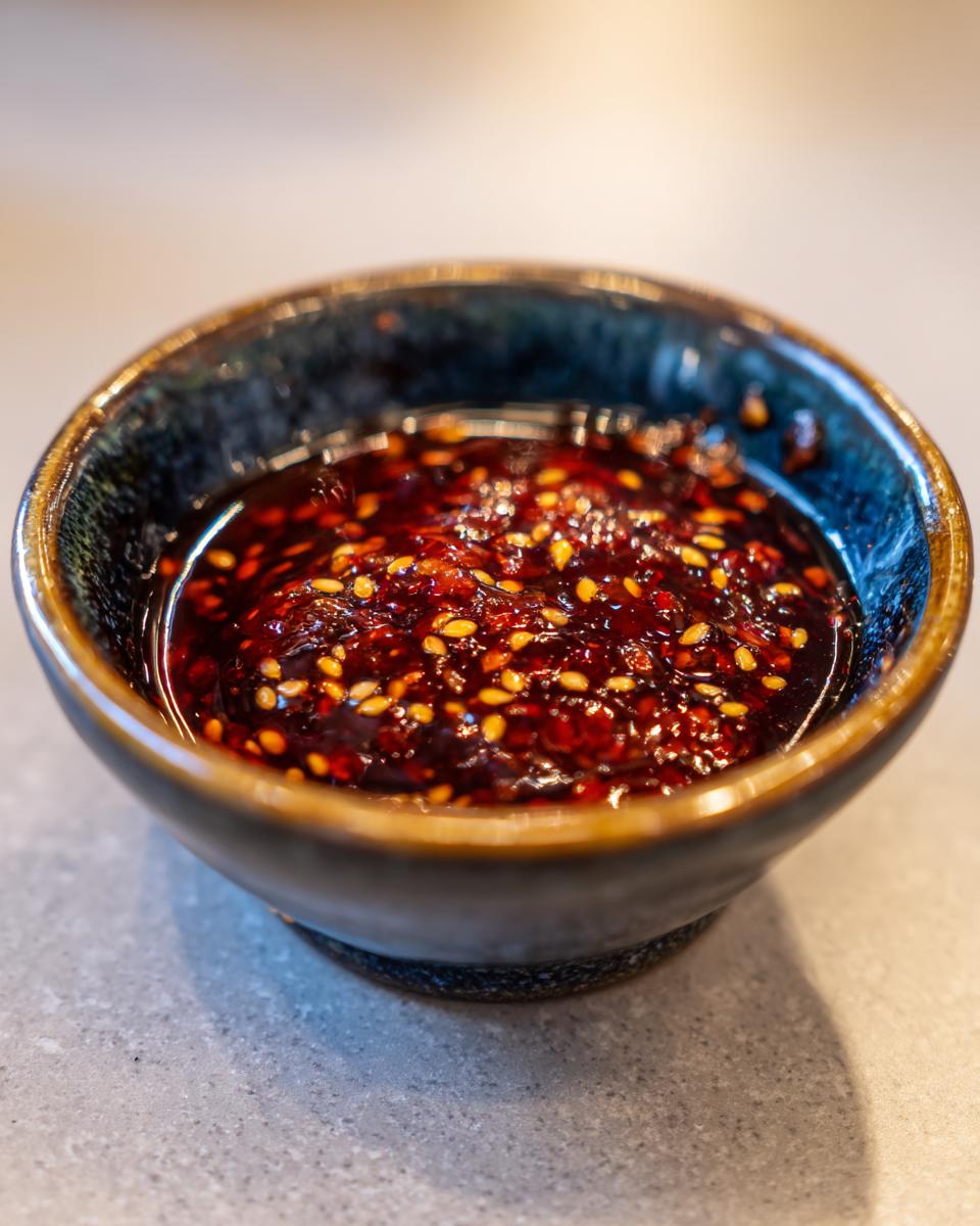 Close-up of a dark, rich Dumpling Sauce with sesame seeds in a rustic blue bowl.