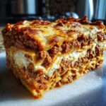 A close-up of a hearty slice of easy lasagna with ricotta, featuring layers of pasta, rich meat sauce, and melted cheese.