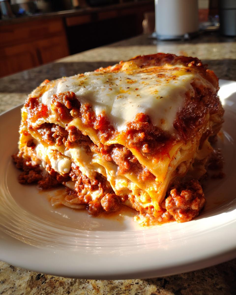 A delicious slice of easy lasagna with ricotta, featuring layers of pasta, meat sauce, and melted cheese.