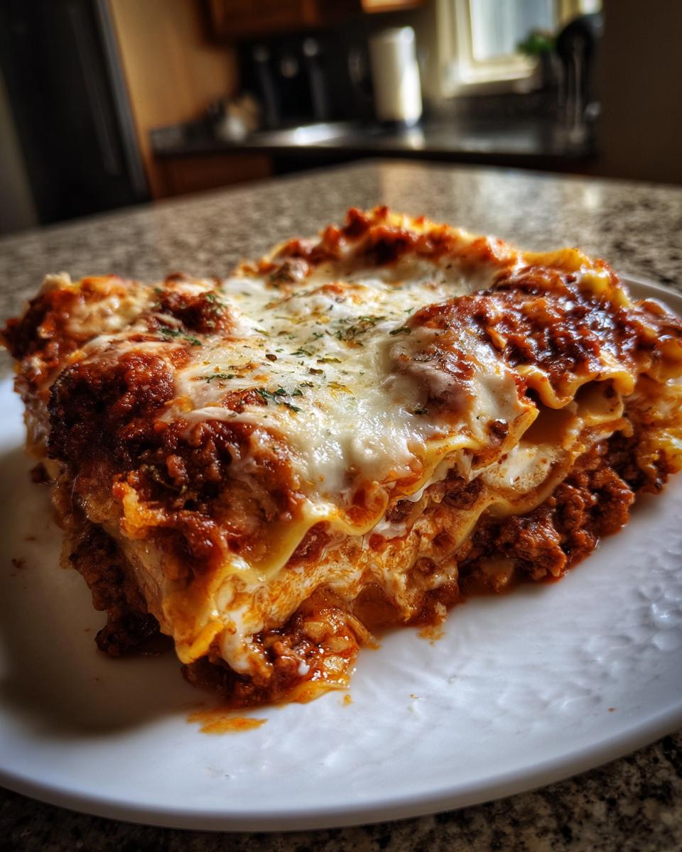 A generous slice of easy lasagna with ricotta, showing layers of pasta, meat sauce, and melted cheese.