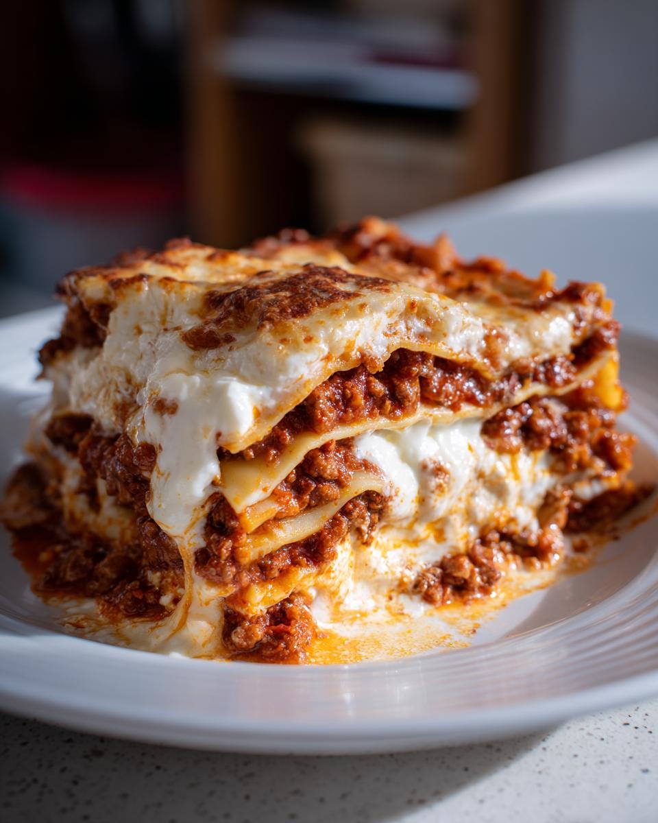 A generous slice of easy lasagna with ricotta, featuring layers of pasta, rich meat sauce, and creamy ricotta cheese.
