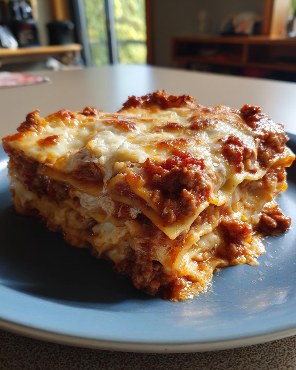 A delicious slice of easy lasagna with ricotta, featuring layers of pasta, meat sauce, and melted cheese.