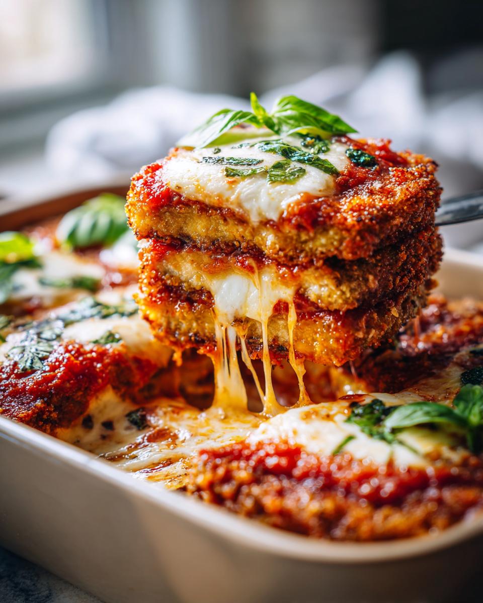 A serving of crispy Eggplant Parmesan with melted mozzarella cheese and marinara sauce, garnished with fresh basil.