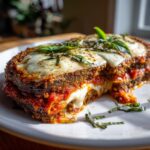 A close-up of a slice of crispy Eggplant Parmesan, showing layers of breaded eggplant, marinara sauce, and melted mozzarella cheese, garnished with fresh basil.