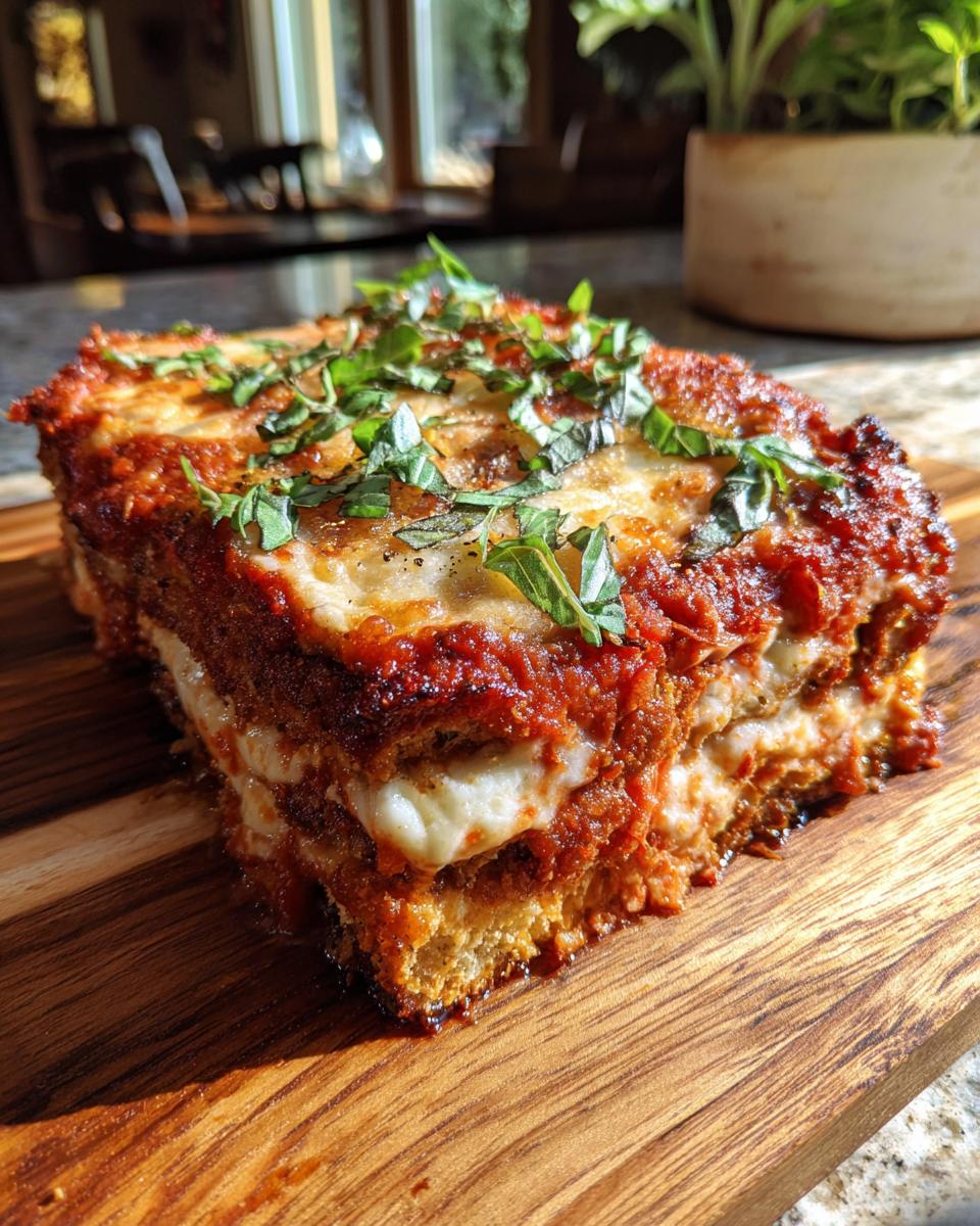 A thick slice of delicious Eggplant Parmesan, featuring layers of crispy breaded eggplant, marinara sauce, and melted mozzarella, topped with fresh basil.