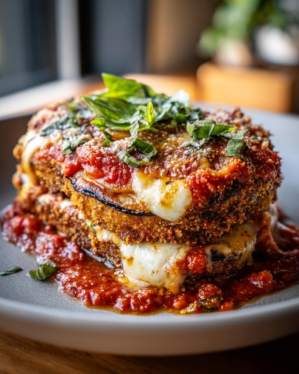 A close-up of a stacked Eggplant Parmesan dish, featuring crispy breaded eggplant layers, rich tomato sauce, and melted mozzarella cheese, garnished with fresh basil.