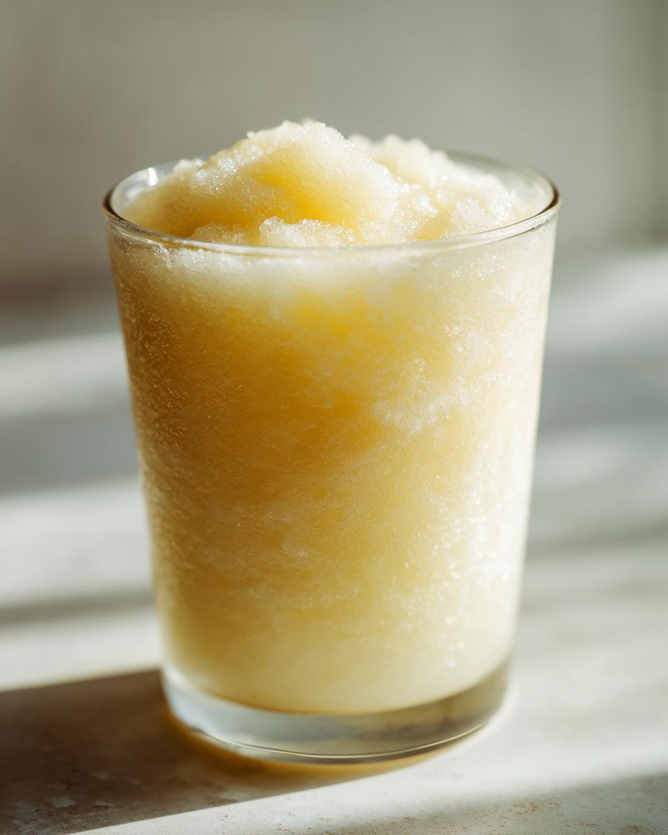 A close-up of a frosty, pale yellow drink in a glass, perfect for a fall harvest salad.