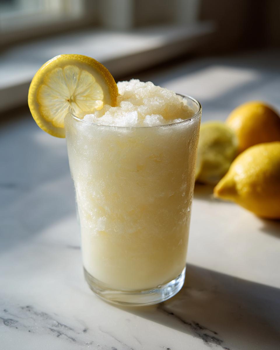 A tall glass of frozen lemonade, garnished with a lemon slice, perfect for a fall harvest salad pairing.