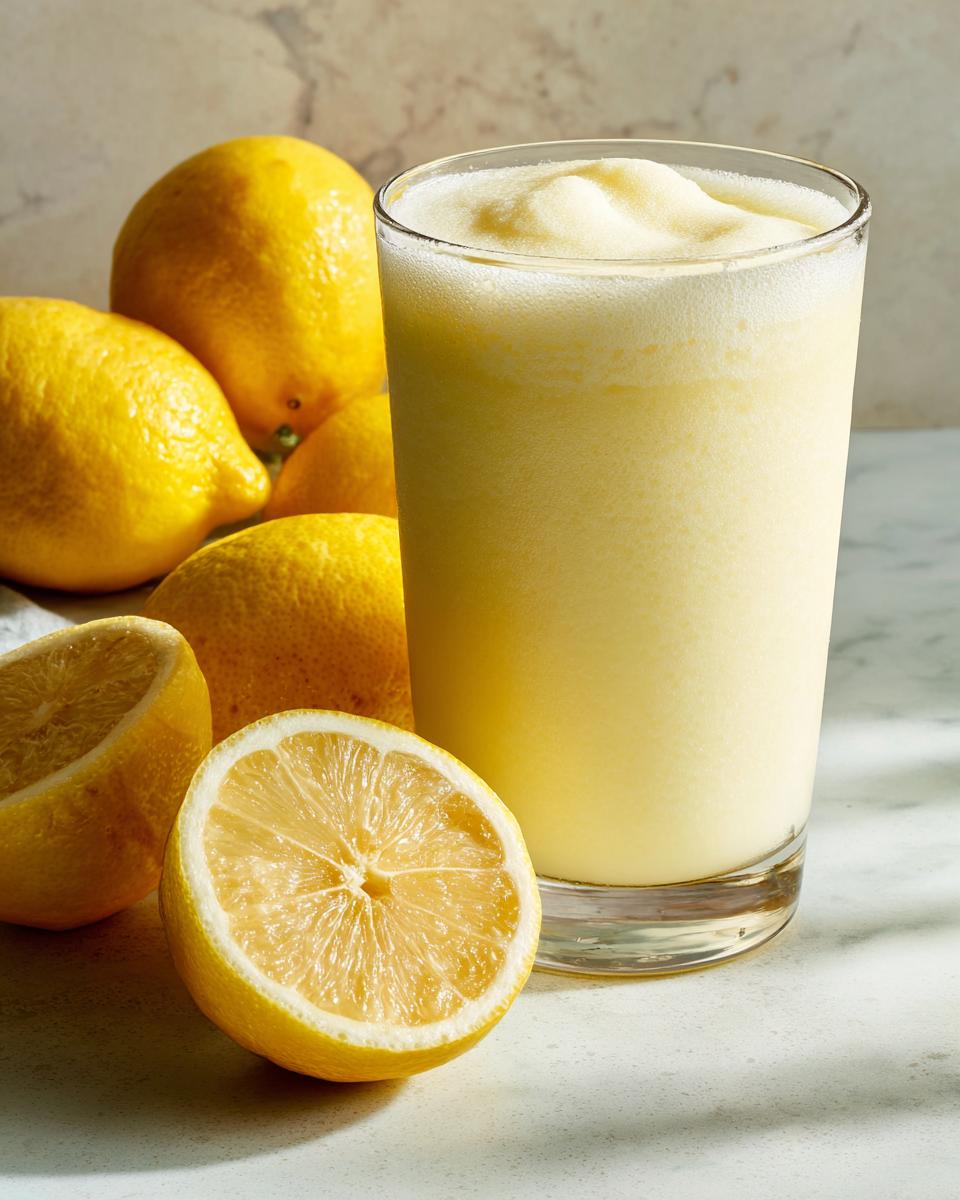 A tall glass of frothy lemonade next to whole and halved lemons, perfect for a fall harvest salad.