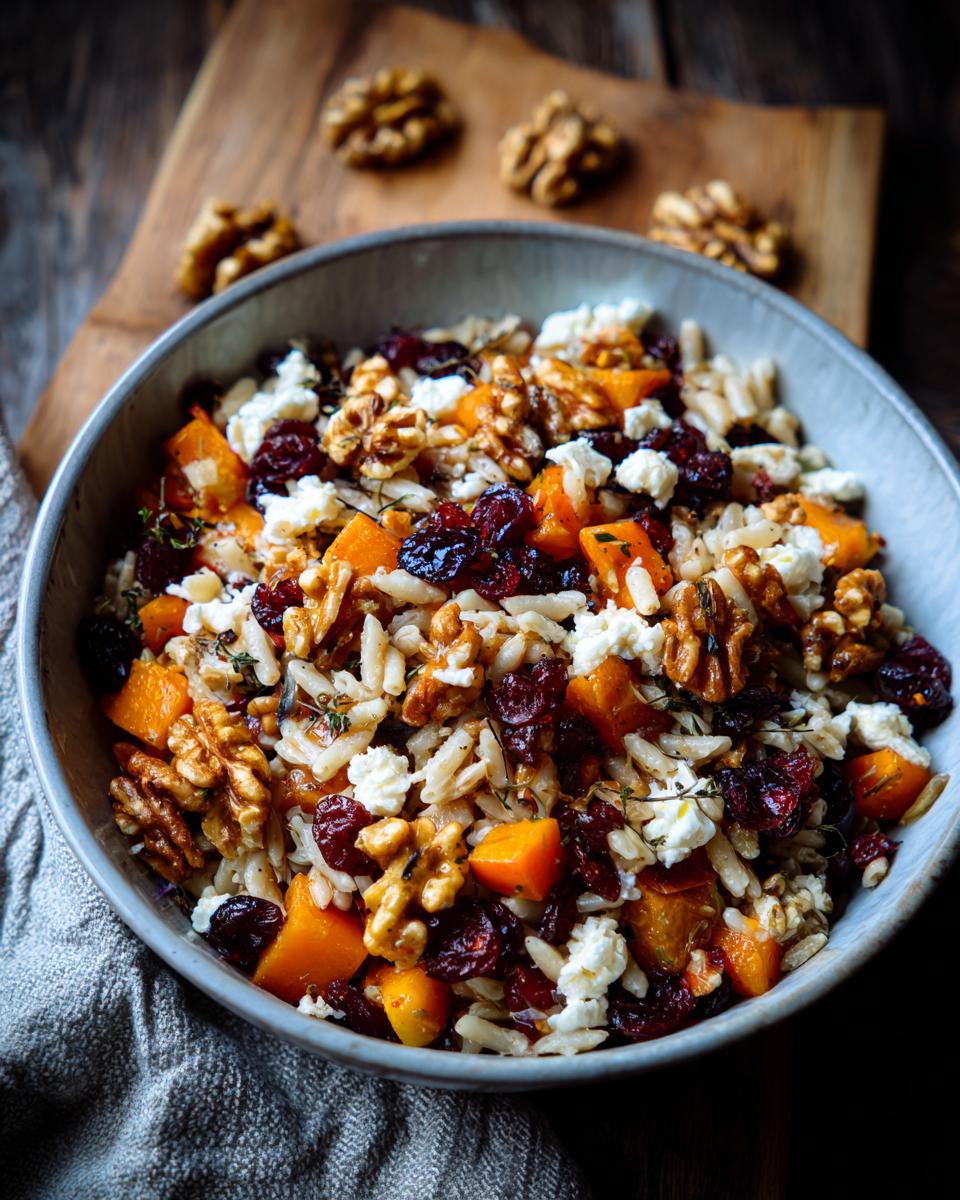 A bowl of fall pasta salad featuring orzo, butternut squash, dried cranberries, walnuts, and feta cheese.