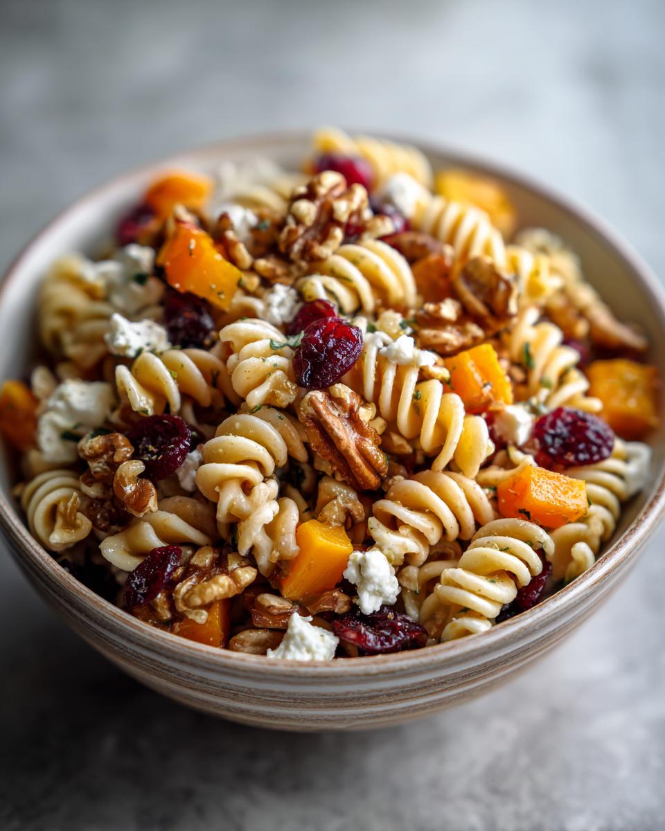 A close-up of a bowl of fall pasta salad featuring fusilli pasta, butternut squash, cranberries, walnuts, and feta cheese.