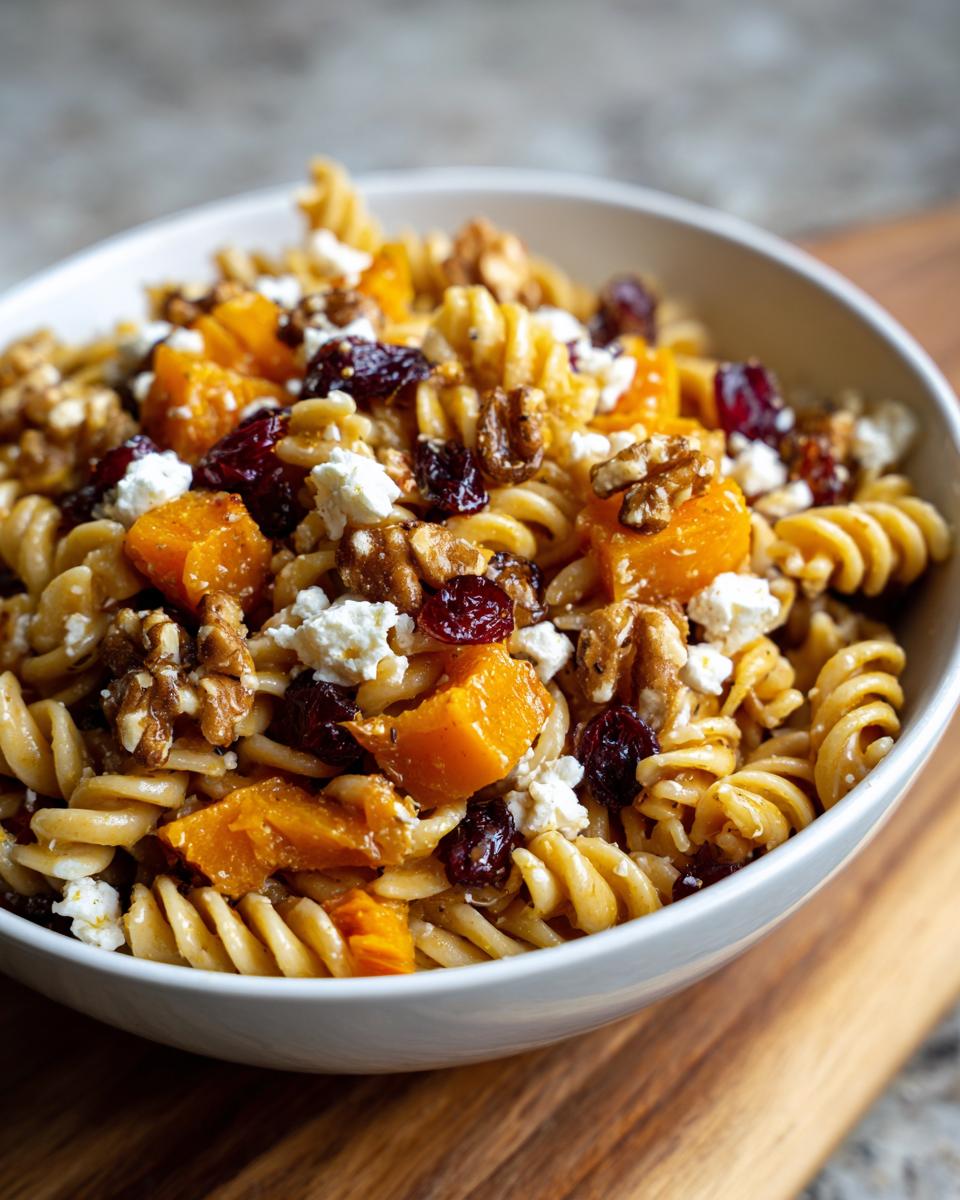 Close-up of a bowl of fall pasta salad with fusilli pasta, roasted butternut squash, dried cranberries, walnuts, and feta cheese.