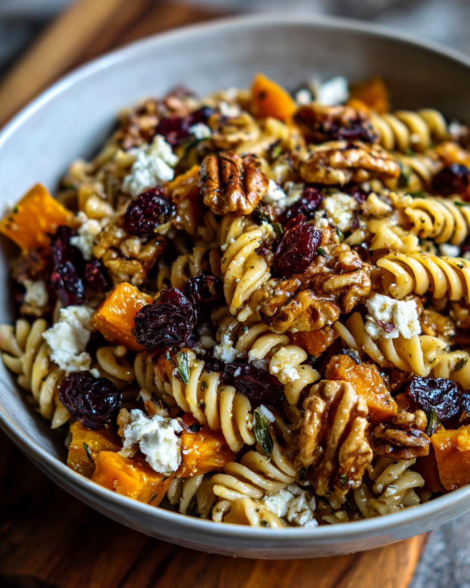 A close-up of a bowl of fall pasta salad featuring rotini pasta, roasted butternut squash, dried cranberries, walnuts, and feta cheese.