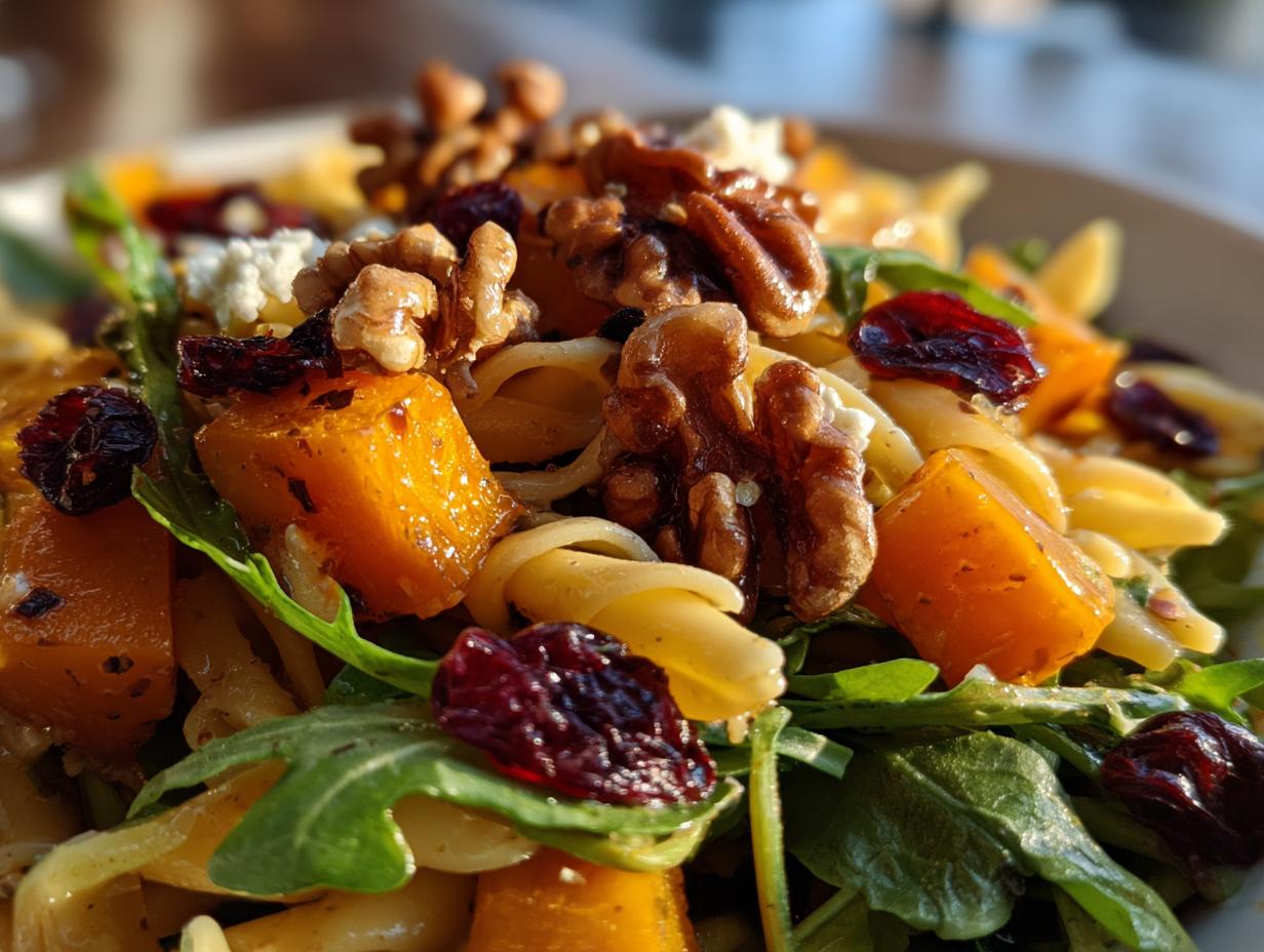 Close-up of a fall pasta salad featuring butternut squash, walnuts, cranberries, and arugula.