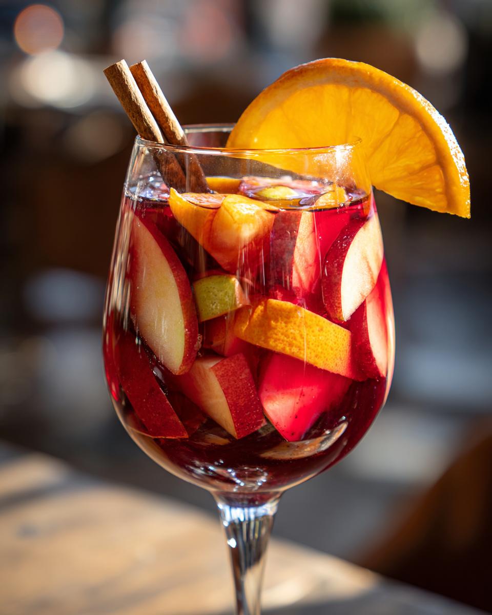 A glass of vibrant red fall sangria filled with apple slices, orange wedges, and cinnamon sticks.