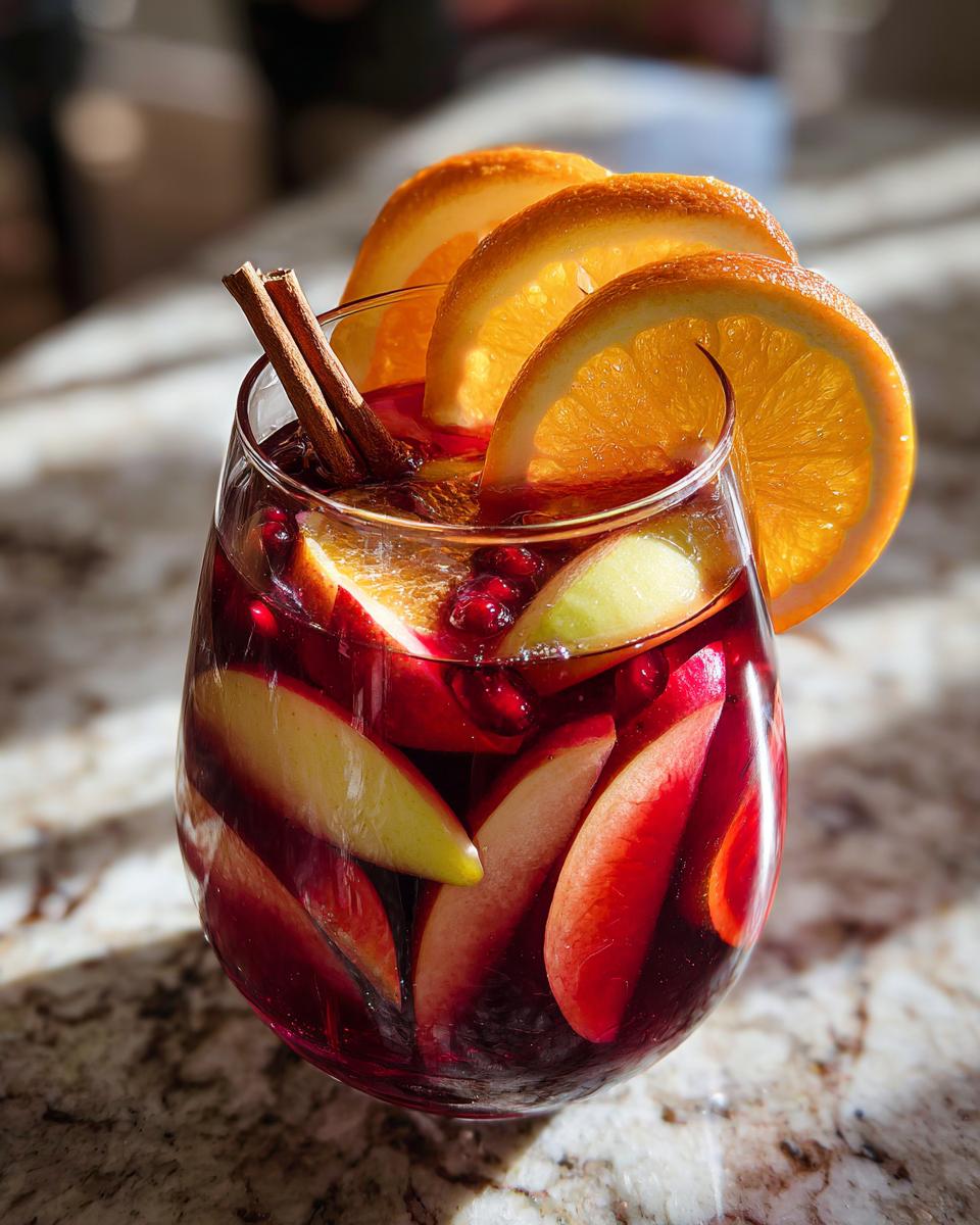A glass of fall sangria filled with apples, pomegranate seeds, and orange slices, garnished with cinnamon sticks.