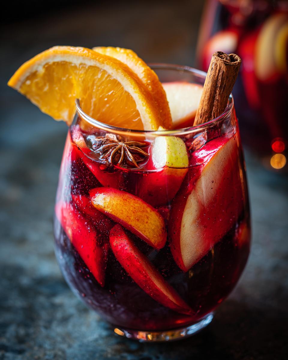 A close-up of a glass filled with fall sangria, featuring sliced apples, oranges, cinnamon stick, and star anise.