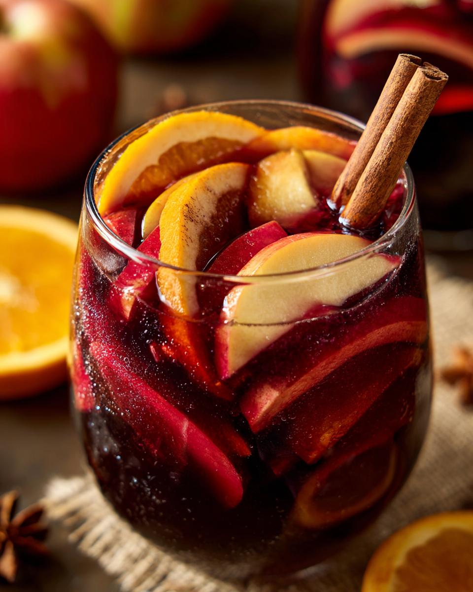 A close-up of a glass filled with fall sangria, featuring slices of apples, oranges, and cinnamon sticks.