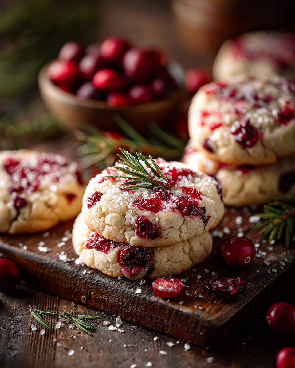 Close-up of festive cranberry sugar cookies topped with coarse sugar and a sprig of rosemary.