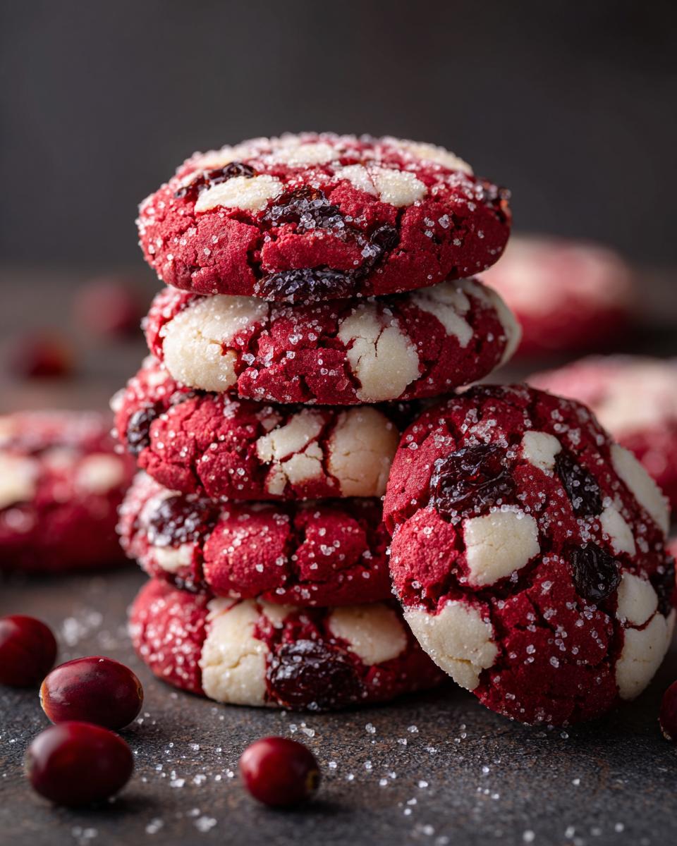 A stack of festive cranberry sugar cookies, coated in sugar and studded with dried cranberries.