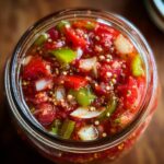 Close-up overhead view of a jar filled with fresh tomato canned salsa, showing chopped tomatoes, onions, and green peppers.