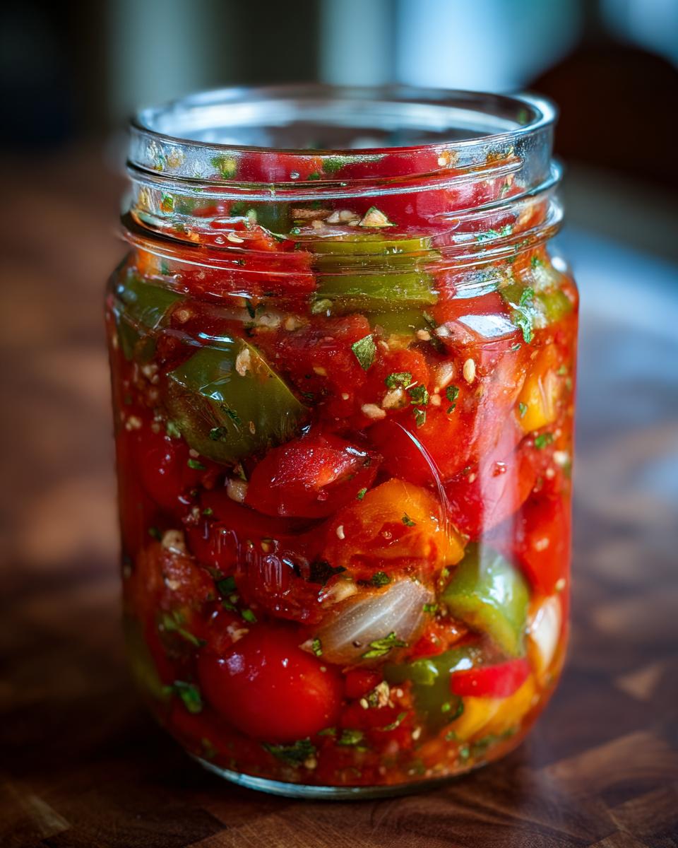 A close-up of a glass jar filled with fresh tomato canned salsa, showing chopped tomatoes, peppers, onions, and herbs.