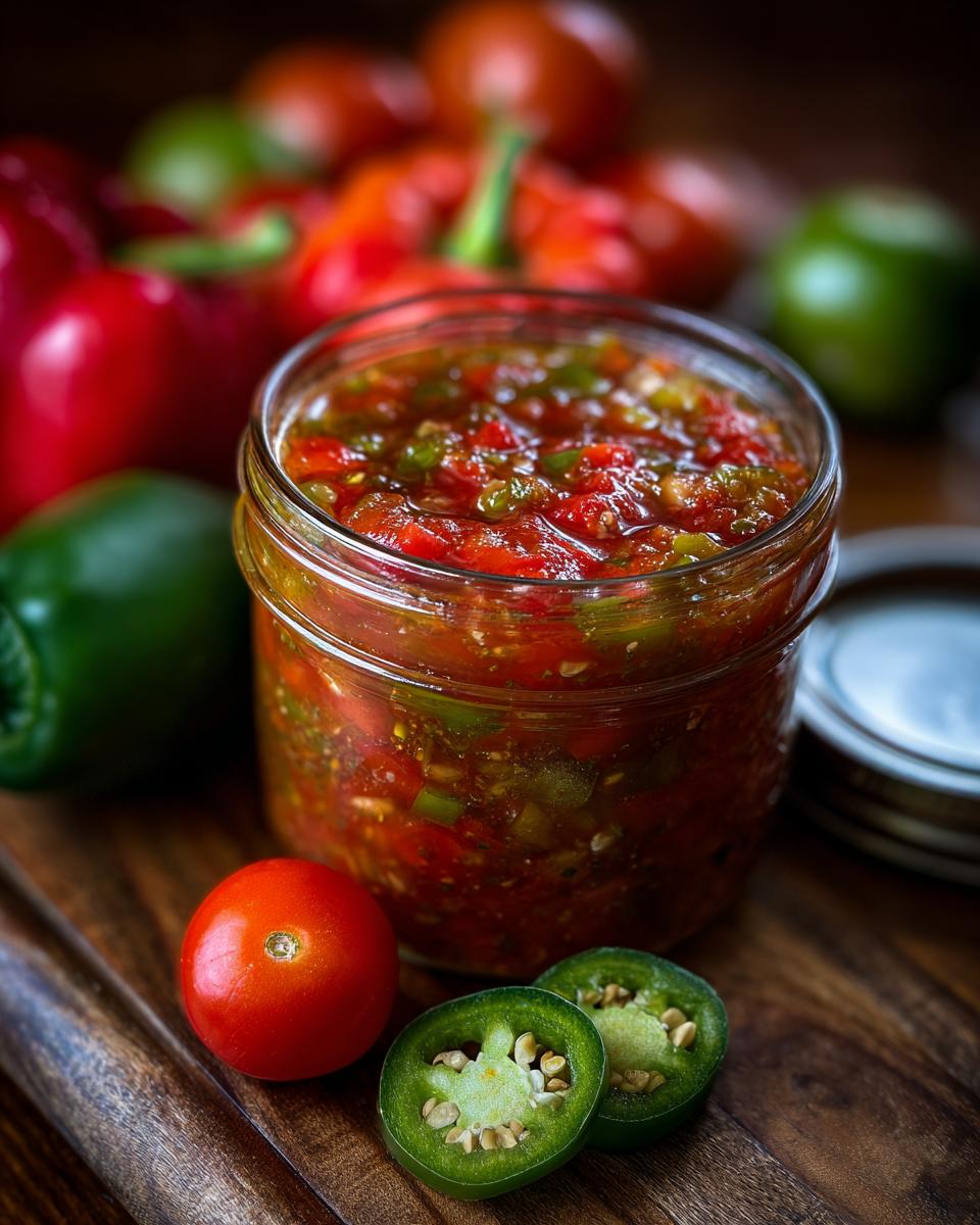 A close-up of a jar filled with vibrant Fresh Tomato Canned Salsa, surrounded by fresh ingredients like tomatoes, jalapeños, and bell peppers.