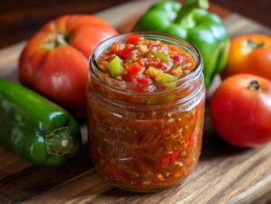 A glass jar filled with vibrant fresh tomato canned salsa, surrounded by fresh tomatoes and green bell peppers.