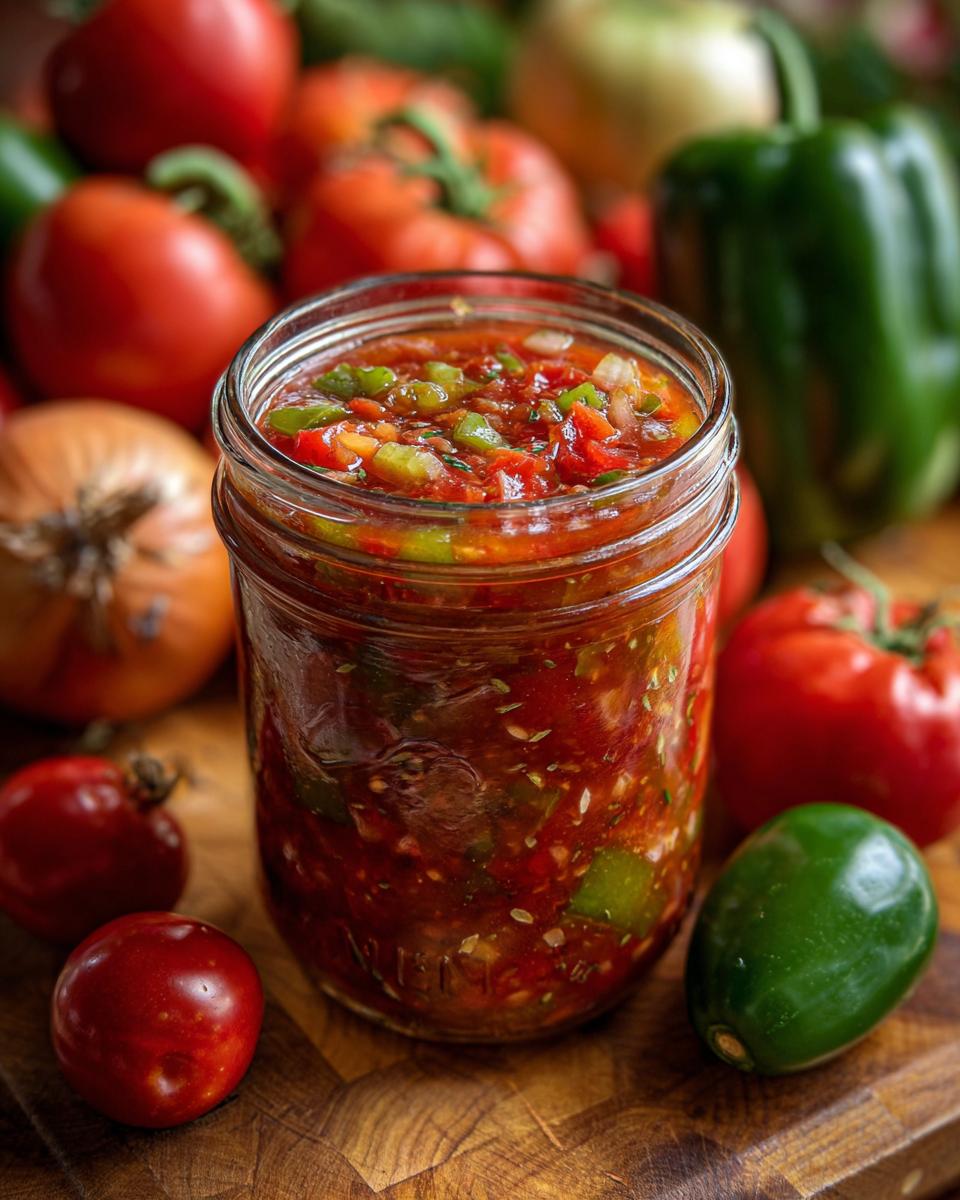 A glass jar filled with vibrant Fresh Tomato Canned Salsa, surrounded by fresh tomatoes, onions, and peppers.