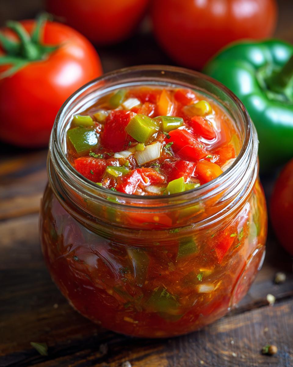 A close-up of a jar filled with vibrant Fresh Tomato Canned Salsa, featuring chopped tomatoes, peppers, and onions.