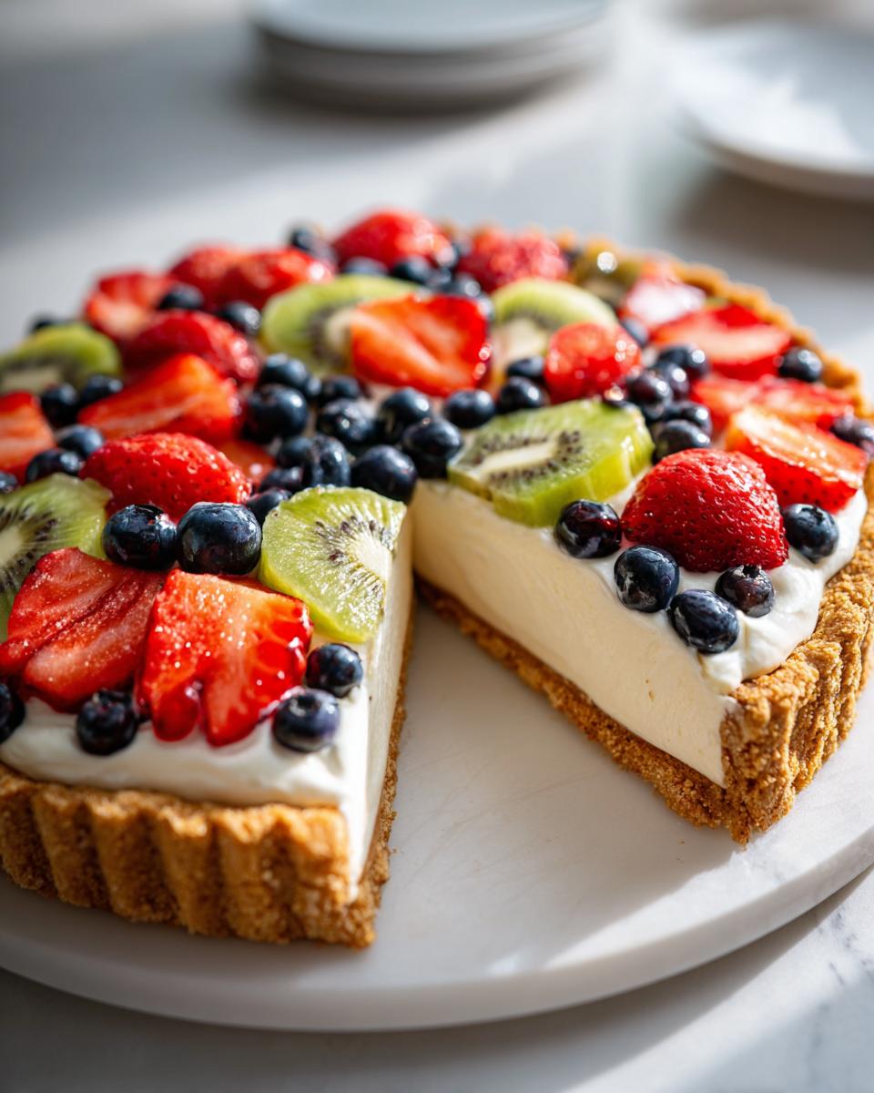 A slice of fruit pizza sugar cookie with fresh strawberries, blueberries, and kiwi on a creamy filling.