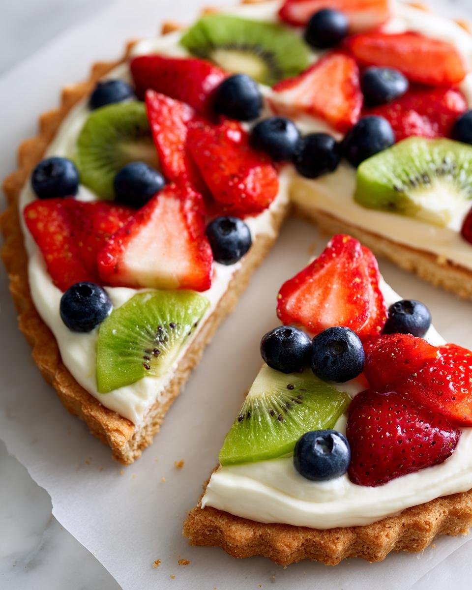 A slice of fruit pizza sugar cookie topped with cream cheese frosting, strawberries, blueberries, and kiwi.