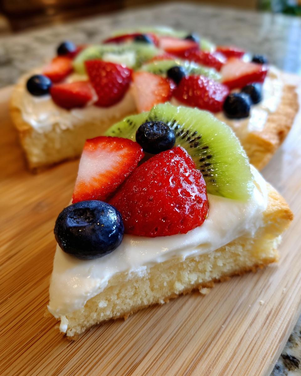 A delicious slice of fruit pizza sugar cookie topped with cream cheese frosting and fresh strawberries, blueberries, and kiwi.