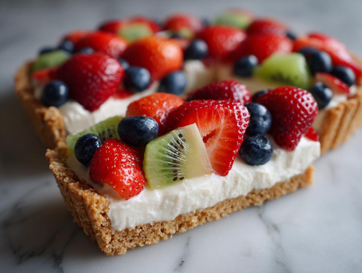 A slice of fruit pizza sugar cookie topped with cream cheese frosting and fresh strawberries, blueberries, and kiwi.