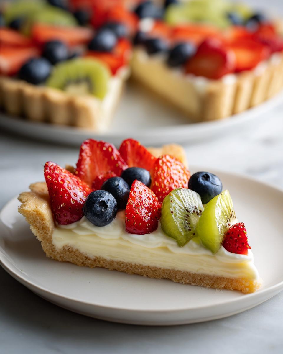 A slice of fruit pizza sugar cookie topped with cream cheese frosting and fresh strawberries, blueberries, and kiwi.