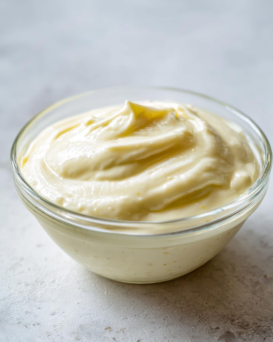 A close-up of creamy garlic aioli in a clear glass bowl, showcasing its smooth texture.