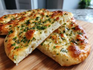 A close-up of a slice of freshly baked garlic naan bread, topped with melted butter and chopped parsley.