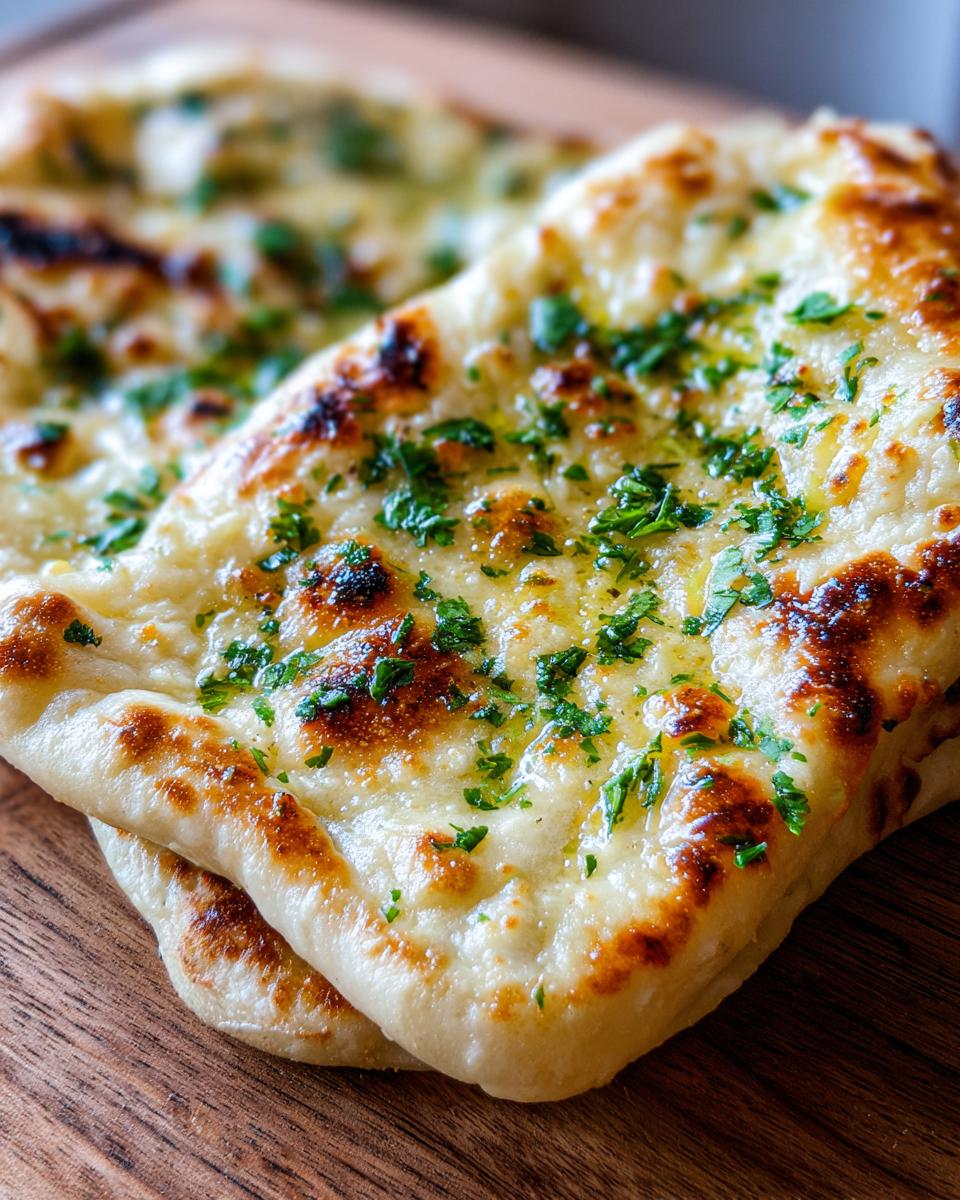 Close-up of freshly baked garlic naan bread, golden brown with charred spots and sprinkled with fresh parsley.
