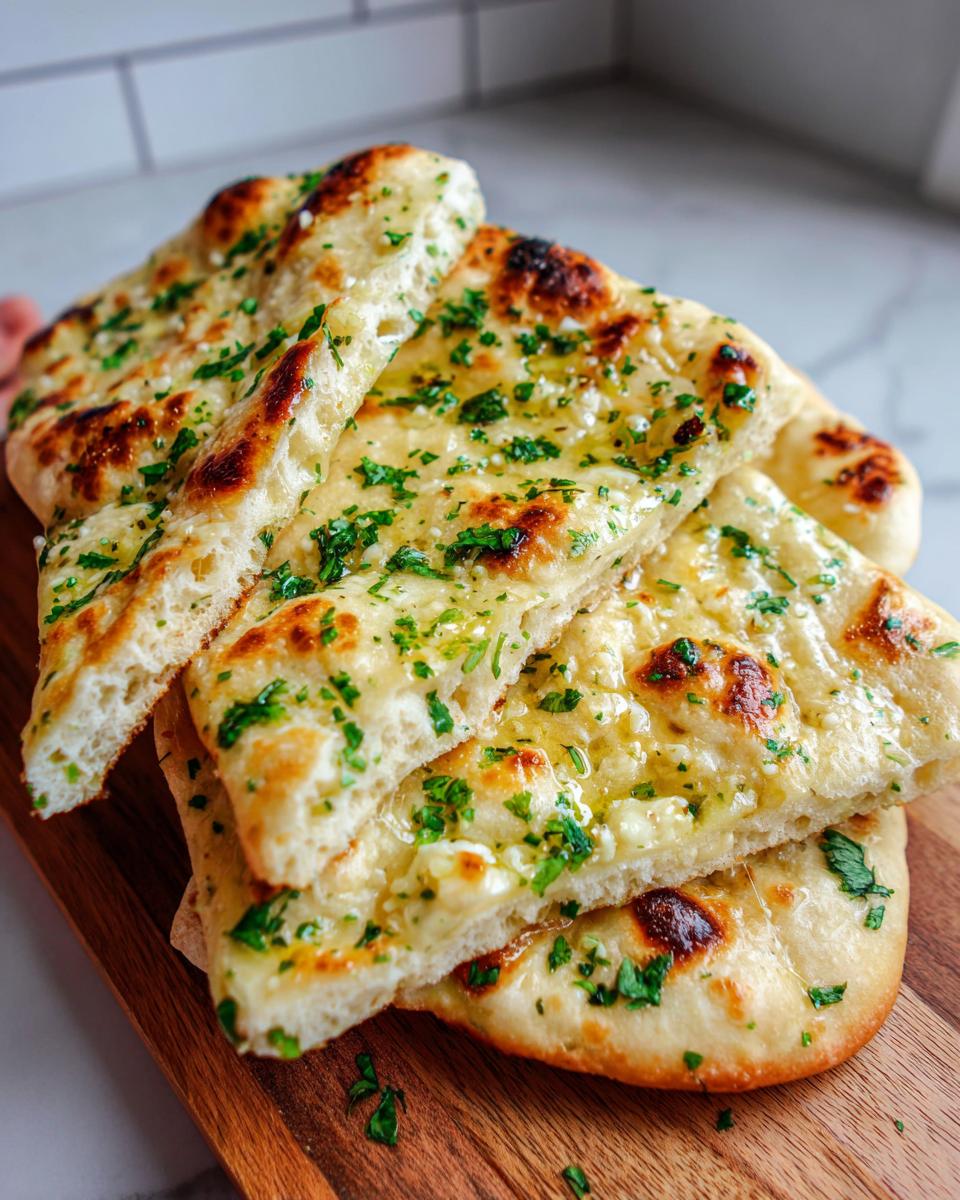 A stack of freshly baked garlic naan bread pieces, brushed with melted butter and sprinkled with chopped parsley.