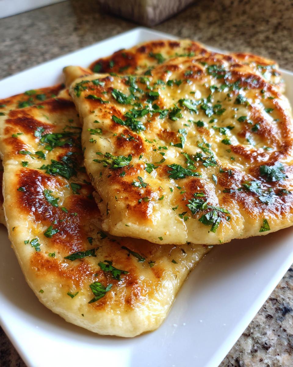Close-up of golden brown garlic naan bread topped with fresh chopped parsley on a white plate.