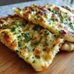 Close-up of freshly baked garlic naan bread, topped with melted butter and chopped fresh parsley, on a wooden board.