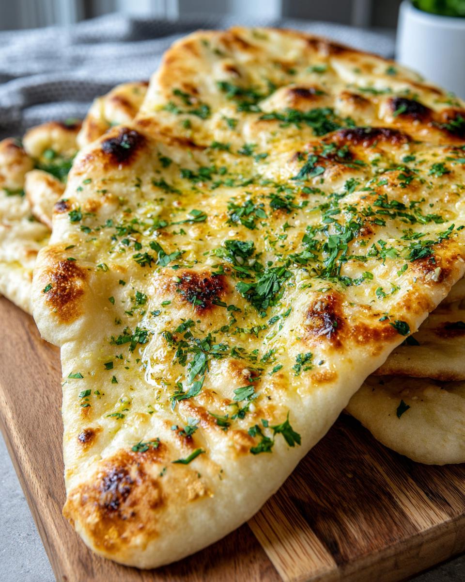 Close-up of freshly baked garlic naan bread, brushed with butter and sprinkled with chopped parsley, on a wooden board.