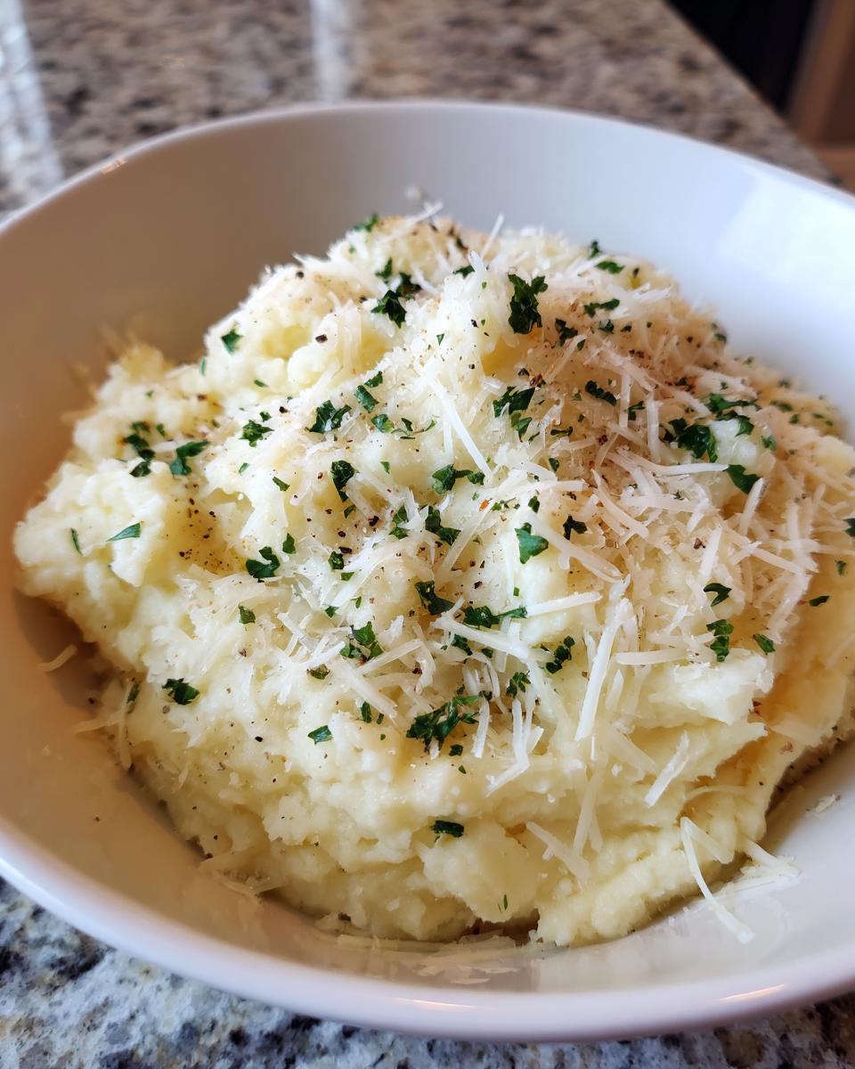 A close-up of creamy garlic parmesan mashed potatoes topped with shredded parmesan cheese and chopped parsley.