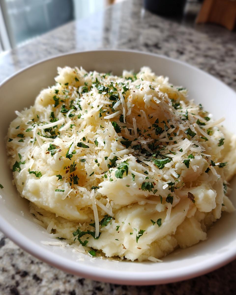 A close-up of creamy garlic parmesan mashed potatoes topped with shredded parmesan cheese and fresh parsley.