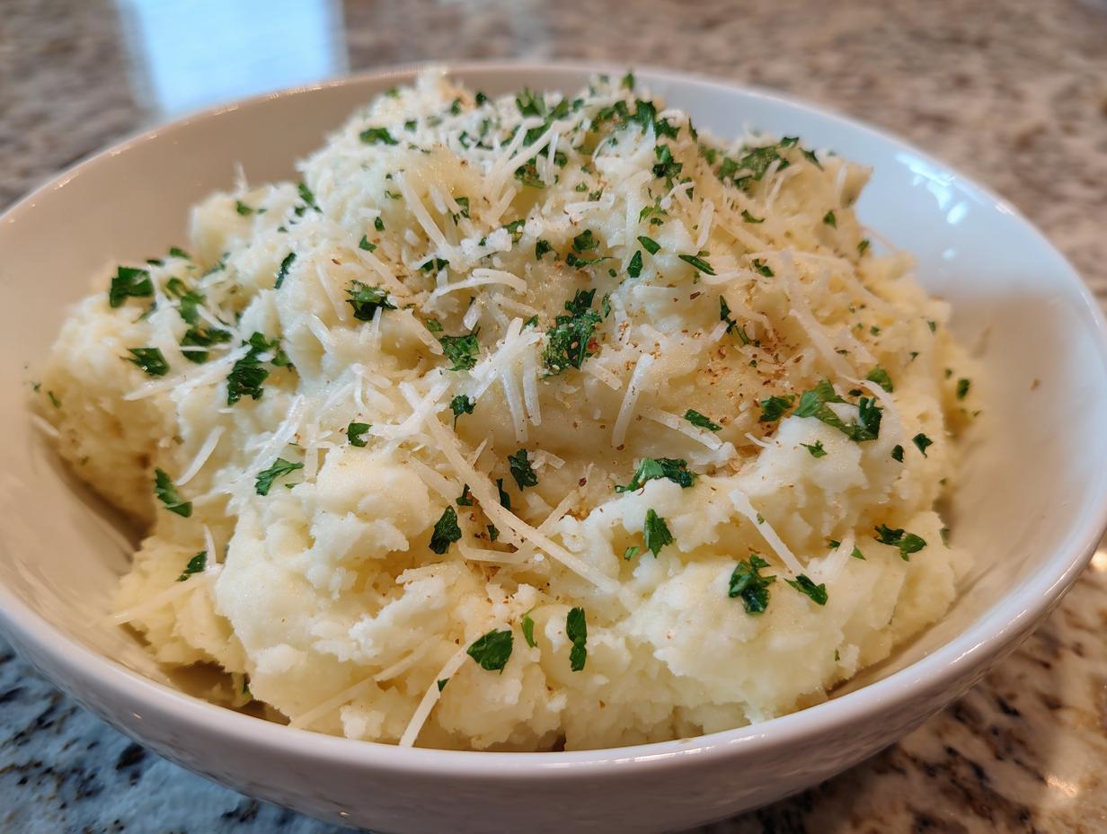 A close-up of creamy garlic parmesan mashed potatoes topped with shredded parmesan and fresh parsley.