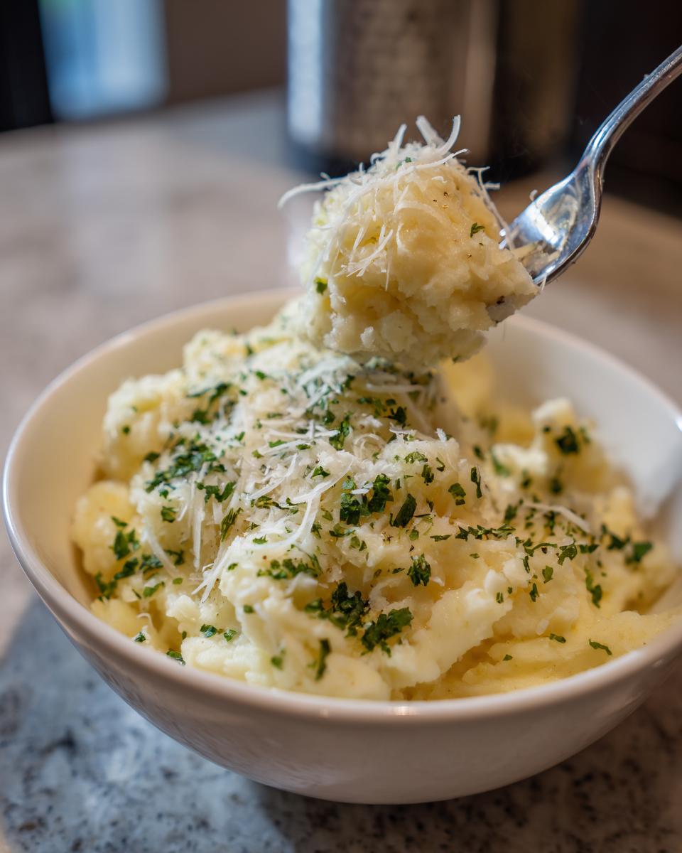 A fork lifts a serving of creamy garlic parmesan mashed potatoes topped with shredded parmesan and fresh parsley.