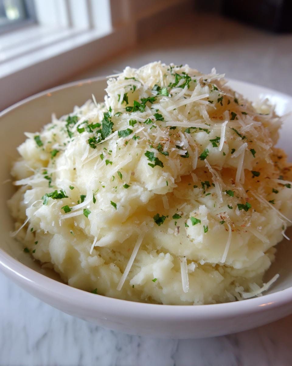 A close-up of creamy garlic parmesan mashed potatoes topped with shredded parmesan cheese and fresh parsley.